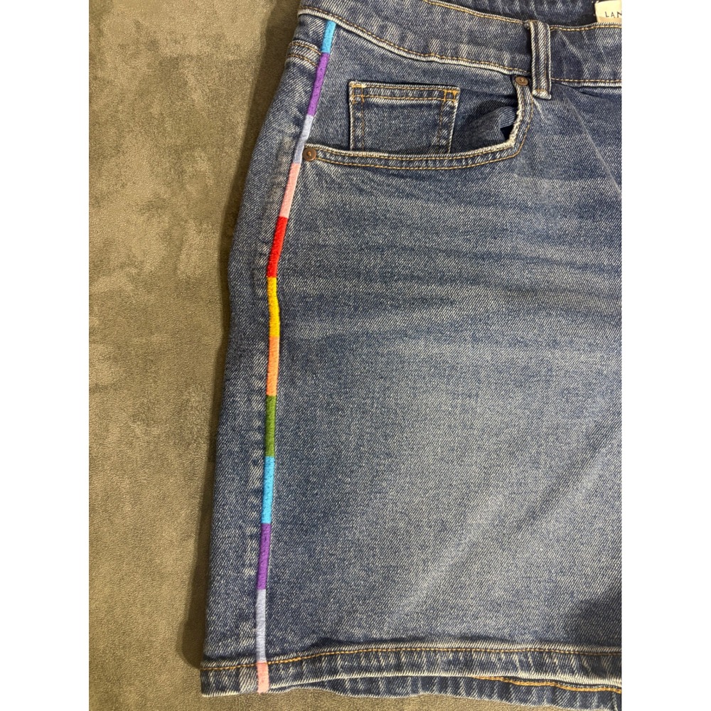 Colorful Vibes Rainbow Side Stripe Denim Shorts Blue Medium Wash